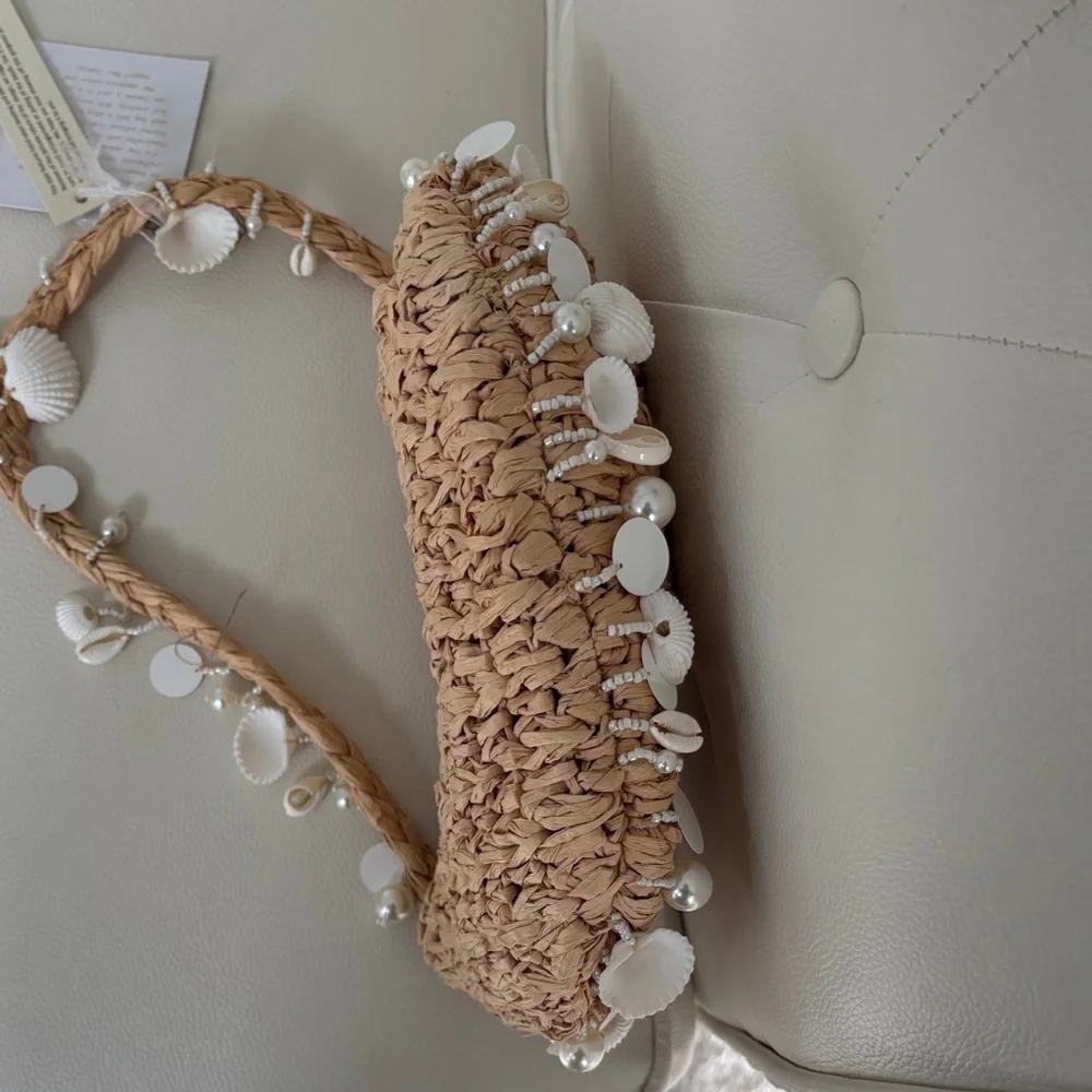 Beige Woven Shoulder Bag with Shell Accents